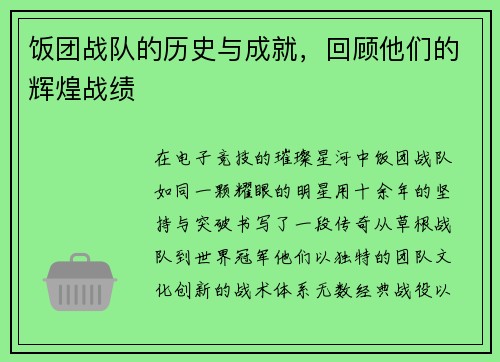 饭团战队的历史与成就，回顾他们的辉煌战绩